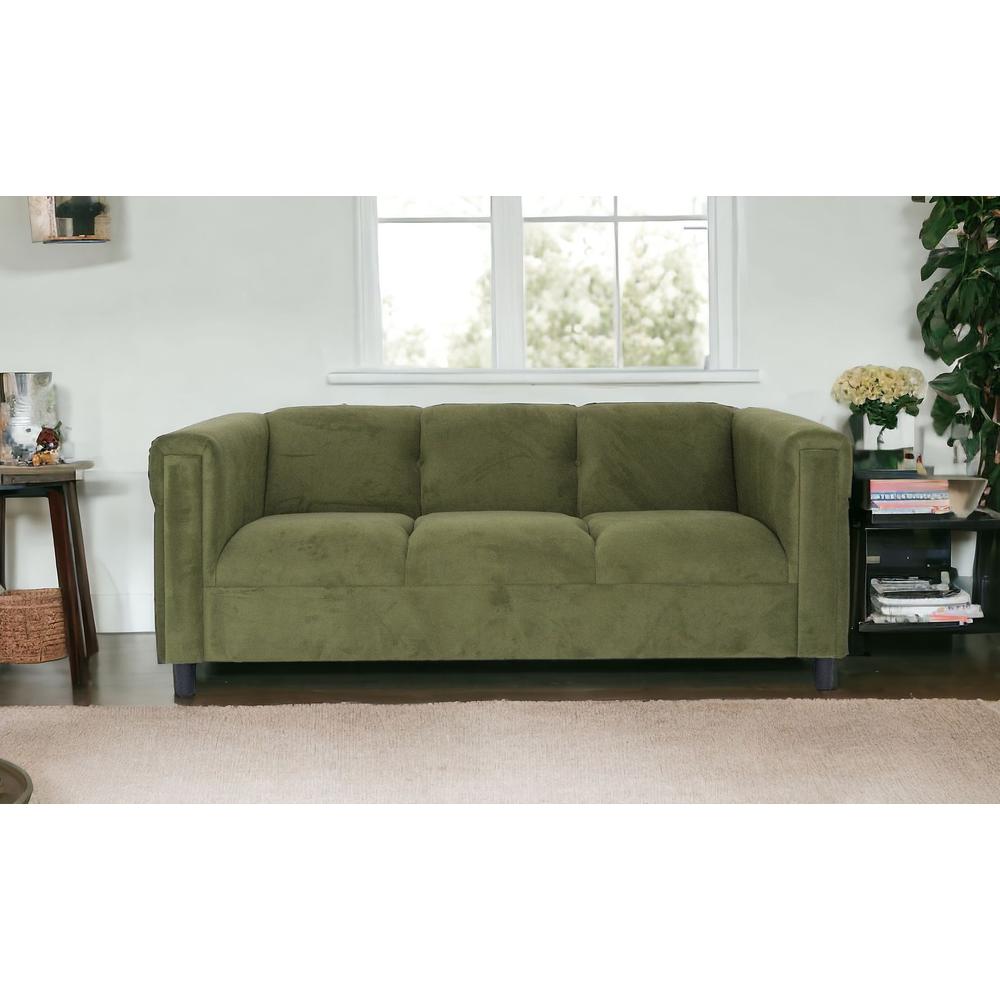72" Moss Green Suede And Black Sofa. Picture 2