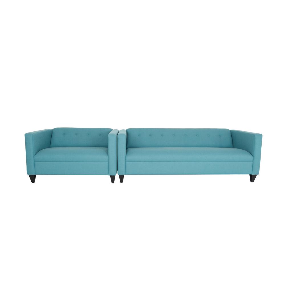 80" Teal Blue Polyester And Dark Brown Sofa. Picture 3