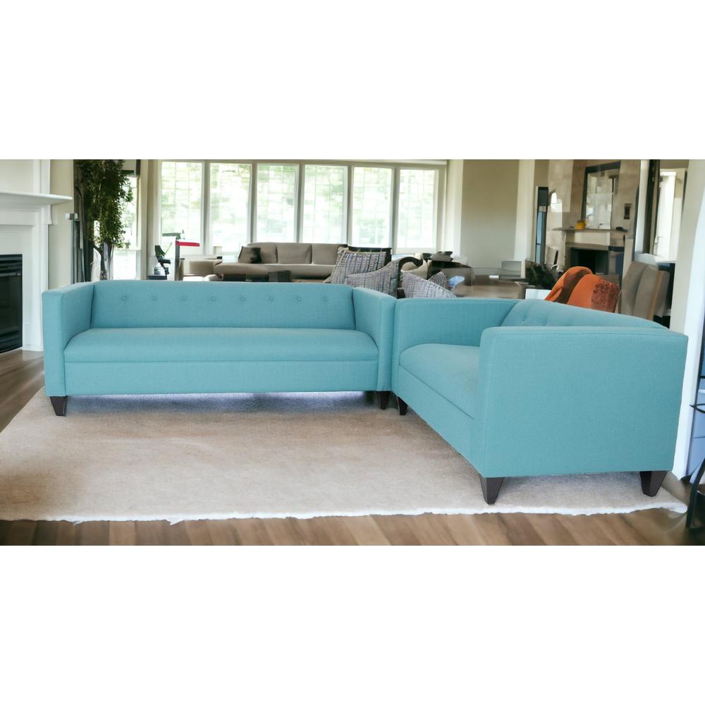 80" Teal Blue Polyester And Dark Brown Sofa. Picture 4