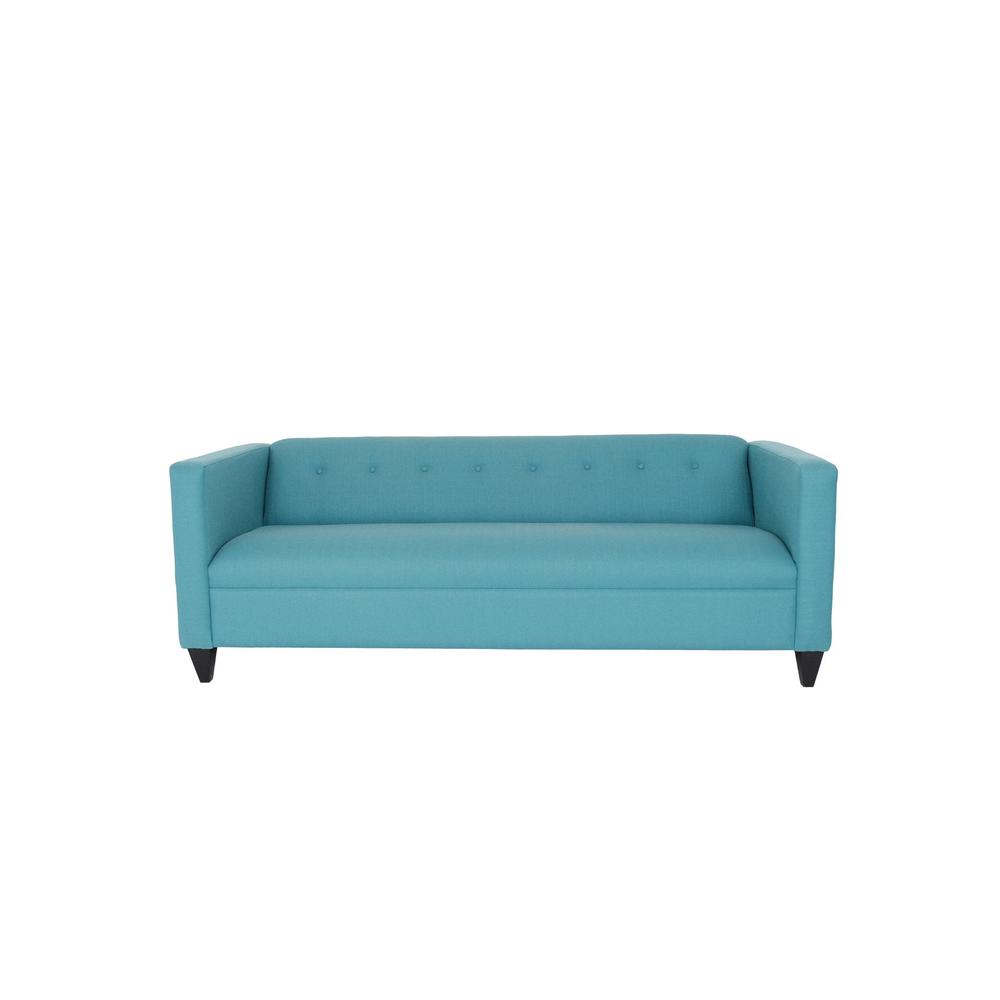 80" Teal Blue Polyester And Dark Brown Sofa. Picture 3