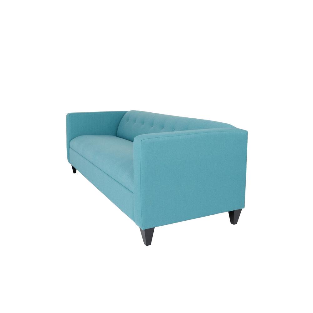 80" Teal Blue Polyester And Dark Brown Sofa. Picture 1