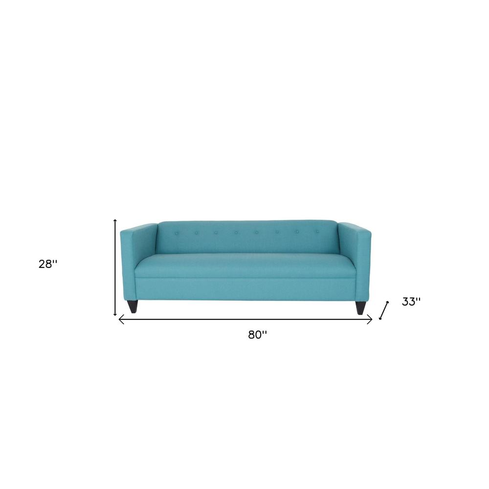 80" Teal Blue Polyester And Dark Brown Sofa. Picture 5