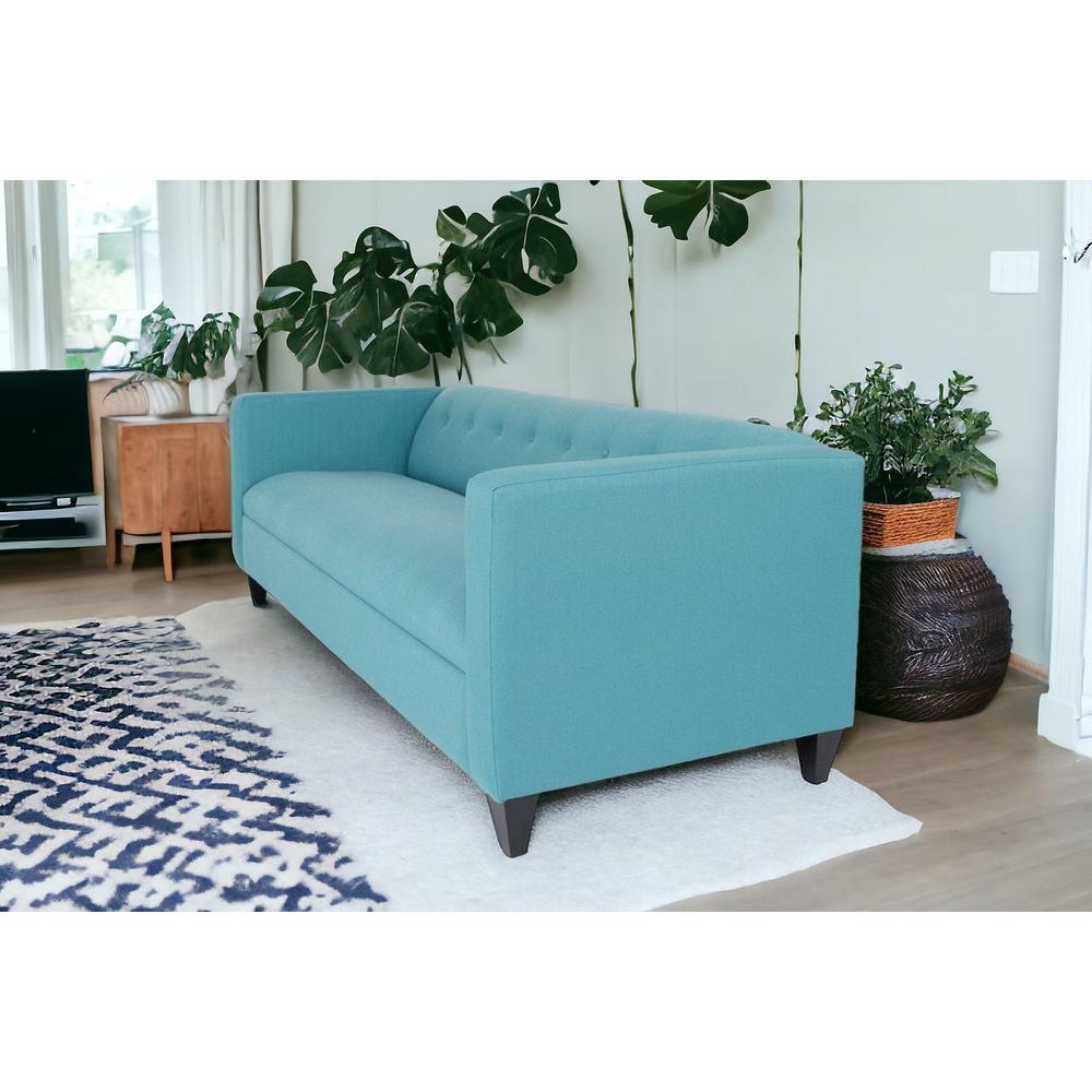 80" Teal Blue Polyester And Dark Brown Sofa. Picture 2