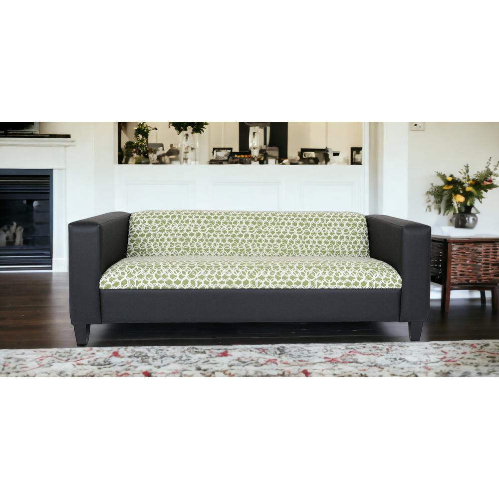 84" Green and White Faux Leather And Black Geometric Sofa. Picture 2