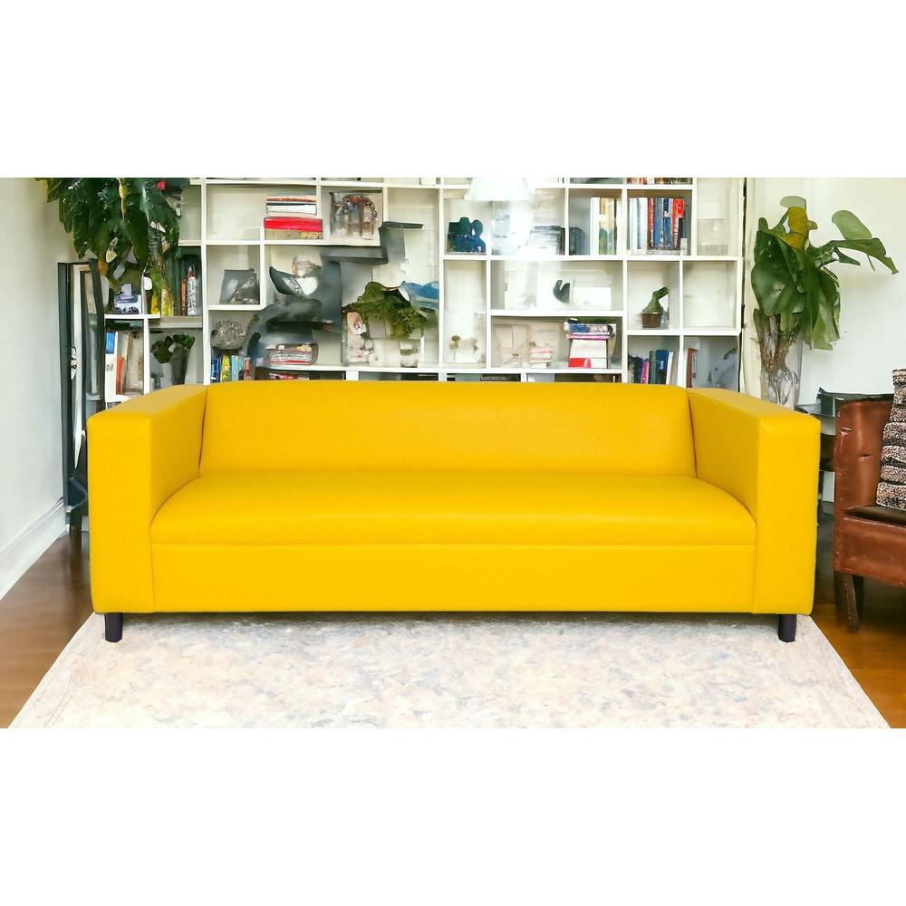 84" Yellow Faux Leather And Black Sofa. Picture 2