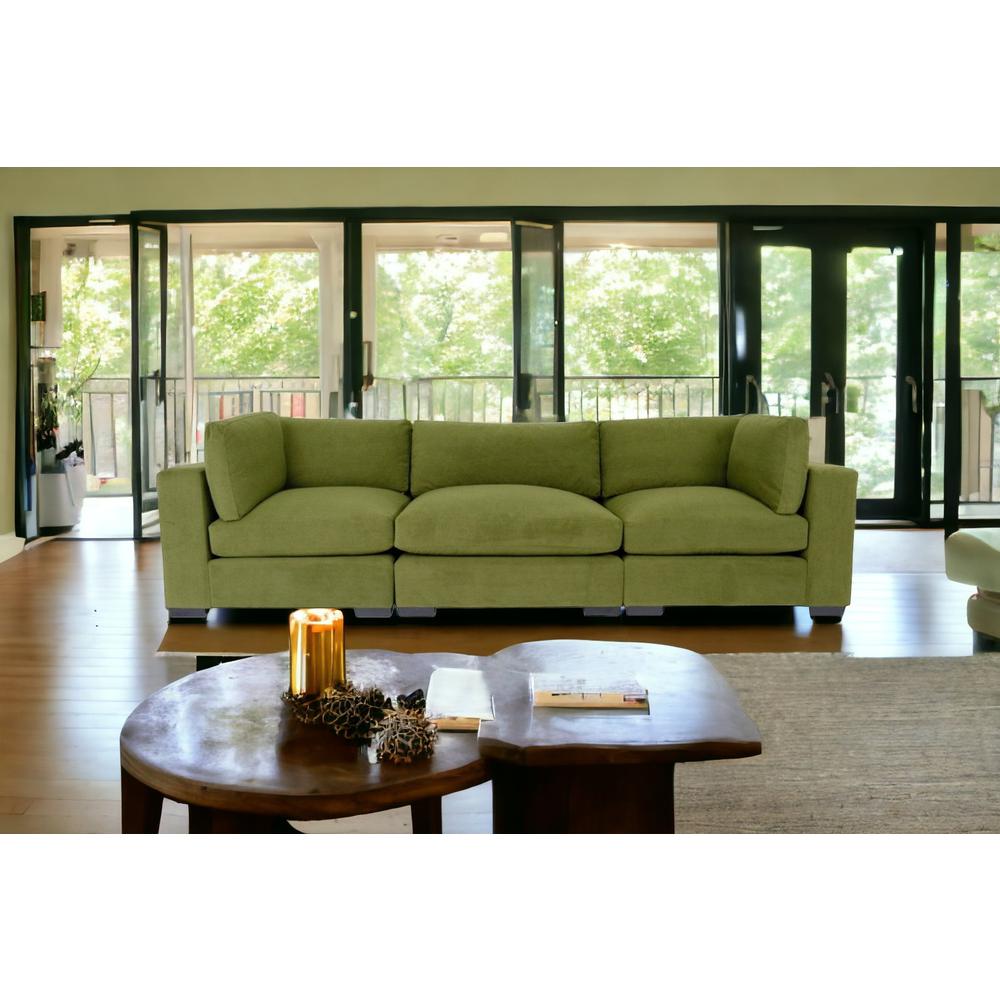 126" Moss Green Microfiber And Dark Brown Sofa. Picture 5