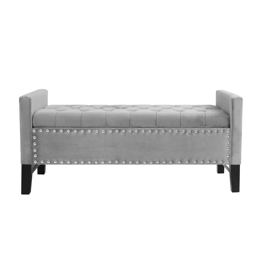 50" Light Gray and Black Upholstered Velvet Bench with Flip top, Shoe Storage. Picture 1