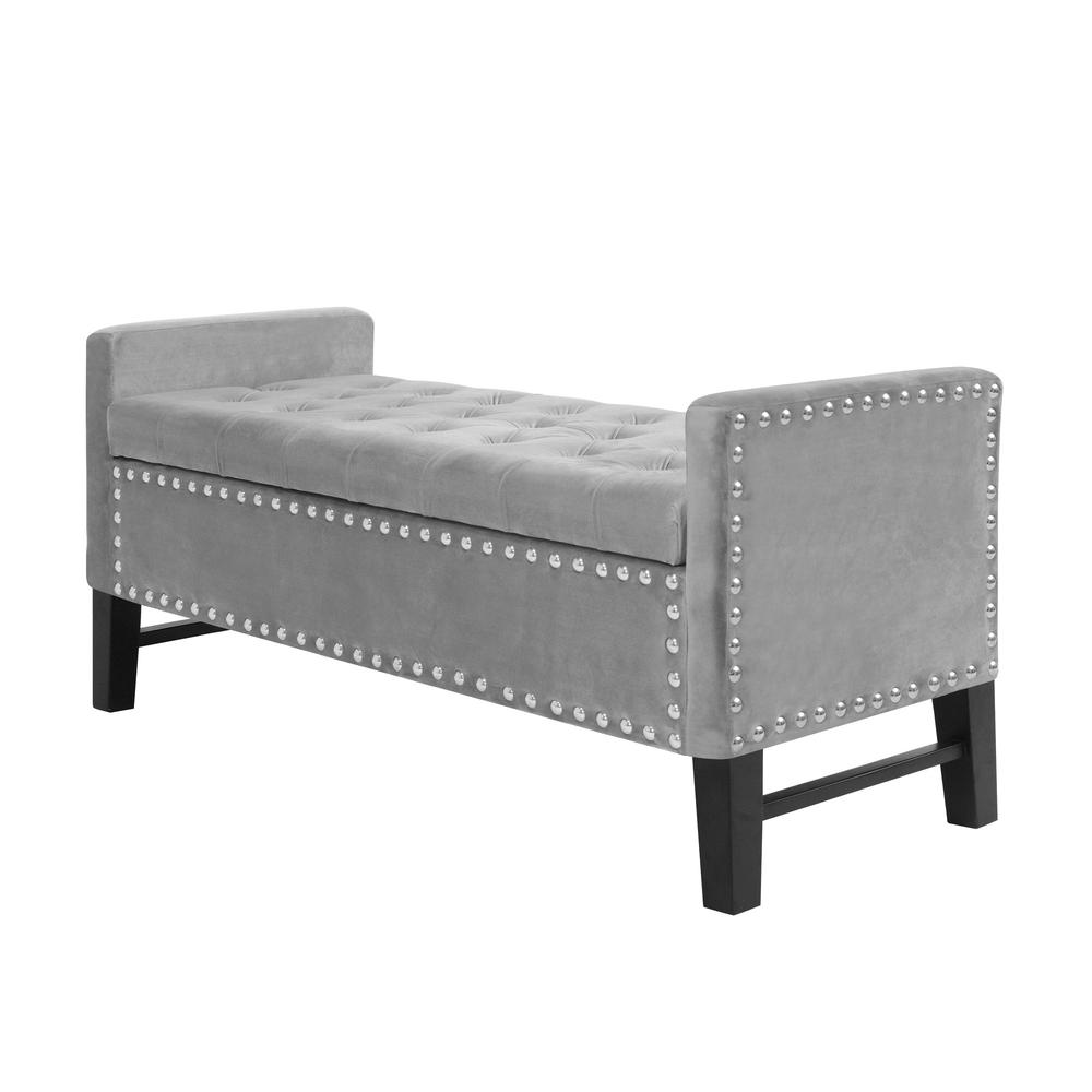 50" Light Gray and Black Upholstered Velvet Bench with Flip top, Shoe Storage. Picture 3