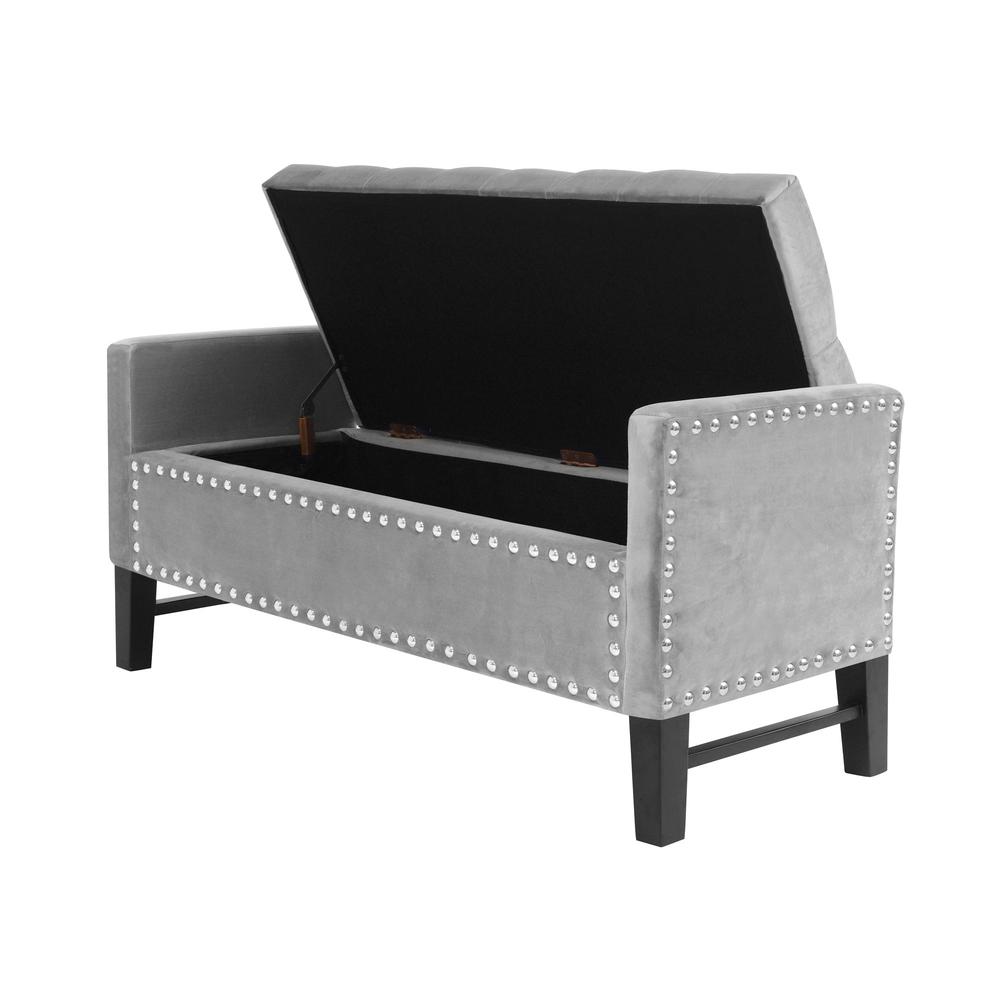 50" Light Gray and Black Upholstered Velvet Bench with Flip top, Shoe Storage. Picture 4