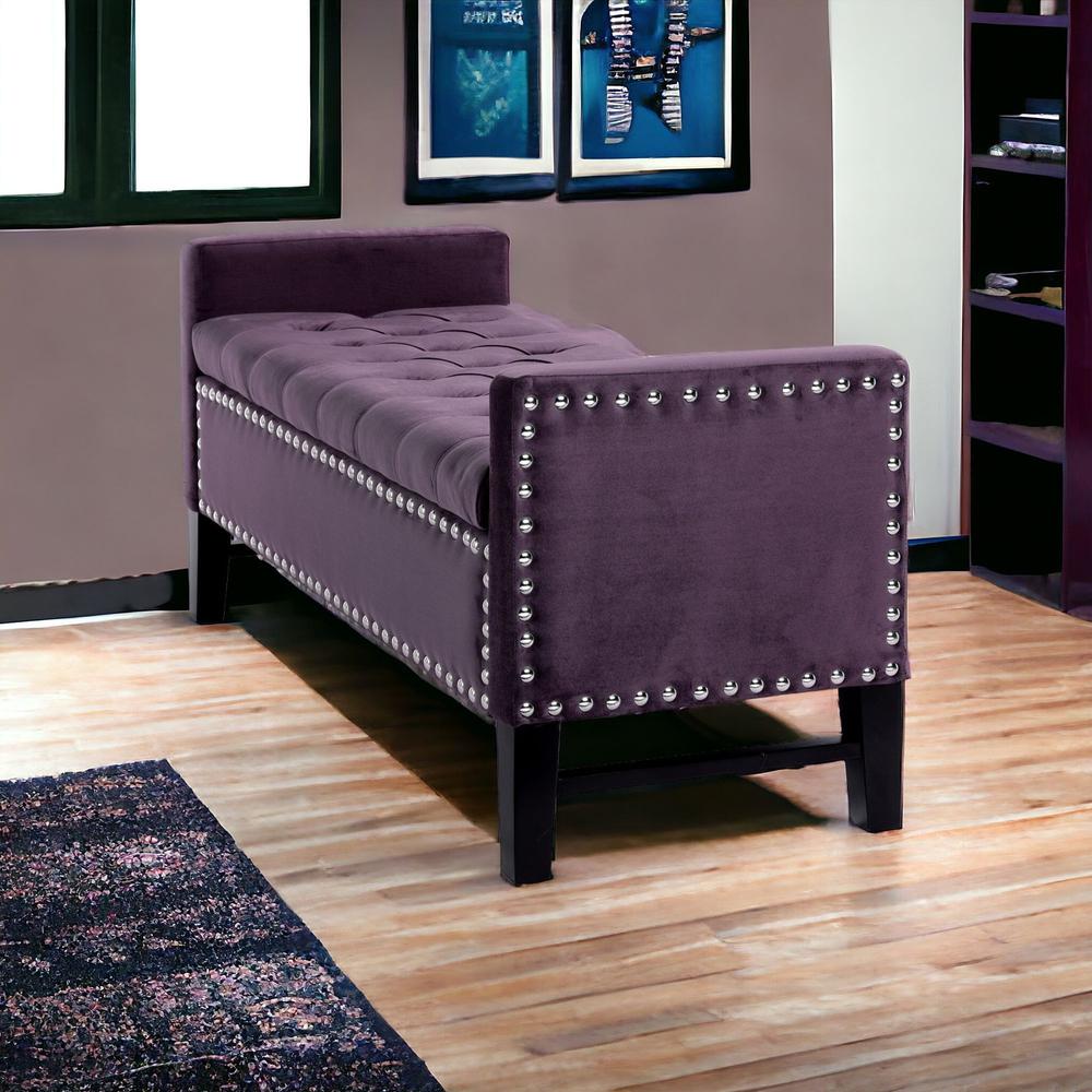 50" Plum and Black Upholstered Velvet Bench with Flip top, Shoe Storage. Picture 2