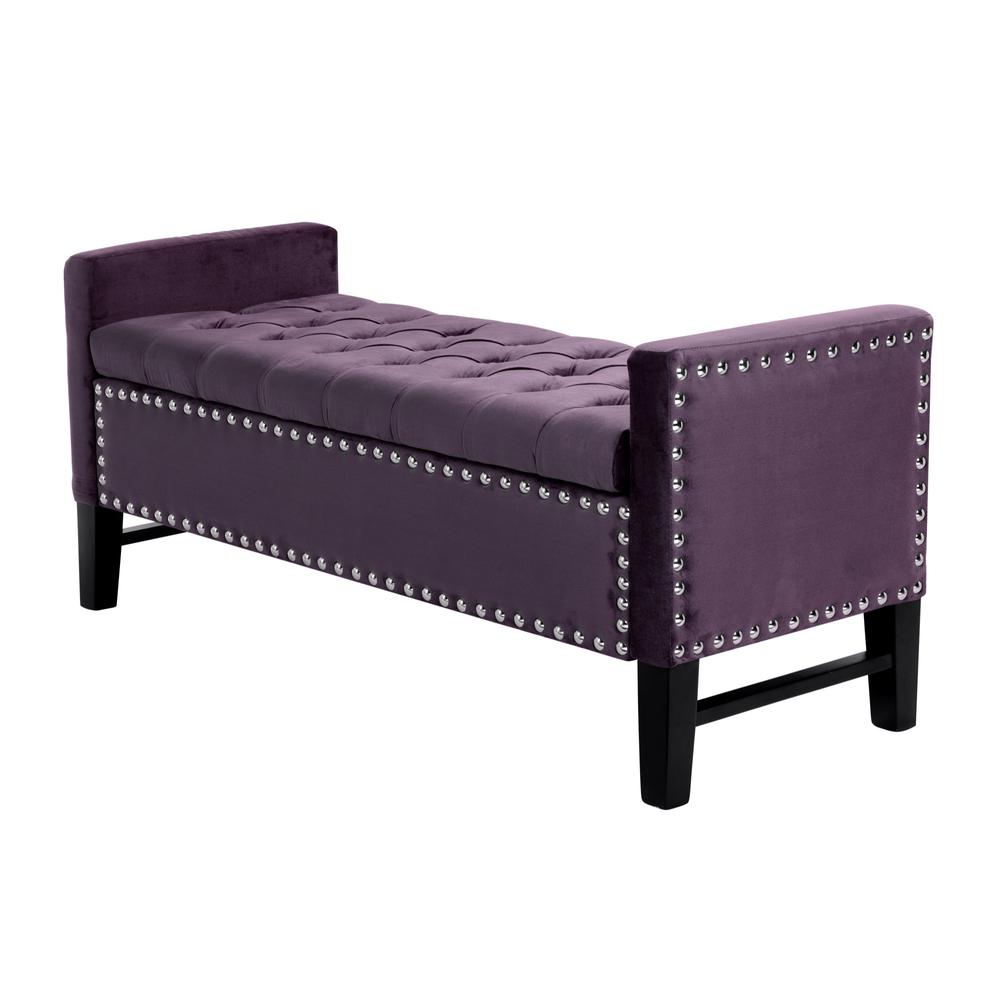 50" Plum and Black Upholstered Velvet Bench with Flip top, Shoe Storage. Picture 5