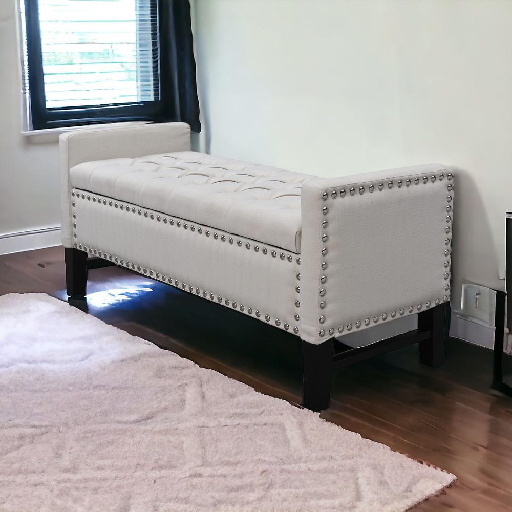 20" Cream Upholstered Linen Bench with Shoe Storage. Picture 2