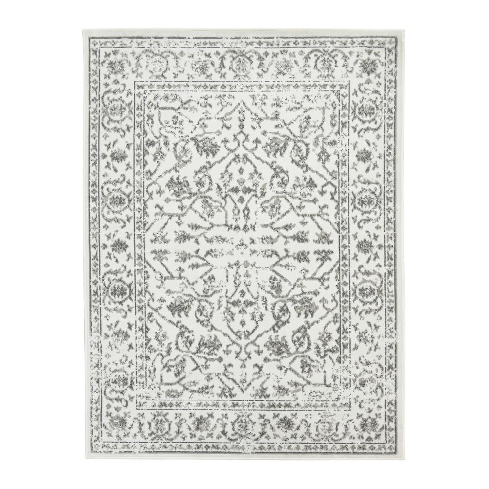 2' X 3' Light Gray Floral Power Loom Area Rug With Fringe. Picture 1