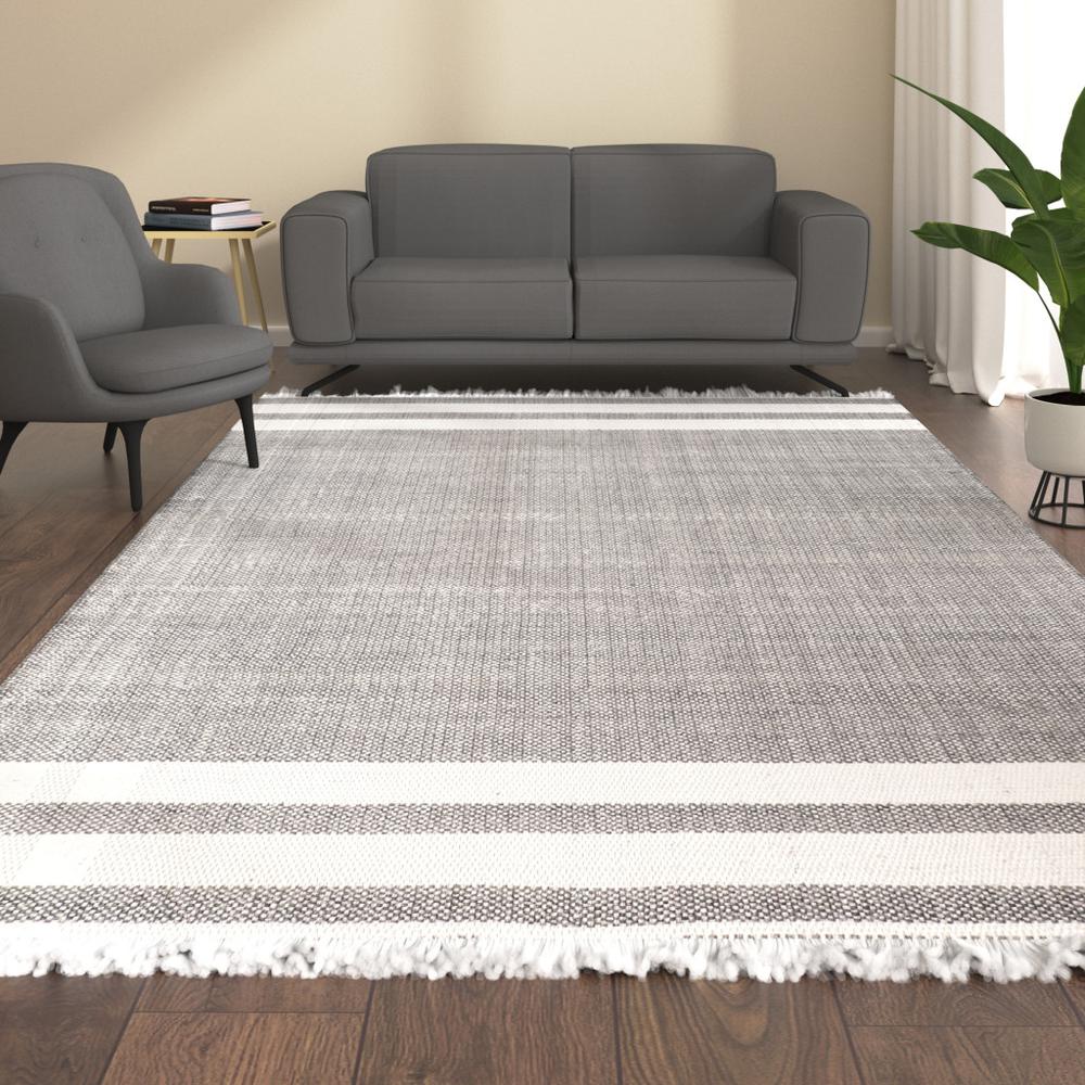 9' x 12' Gray Striped Handmade Stain Resistant Non Skid Indoor Outdoor Area Rug. Picture 7