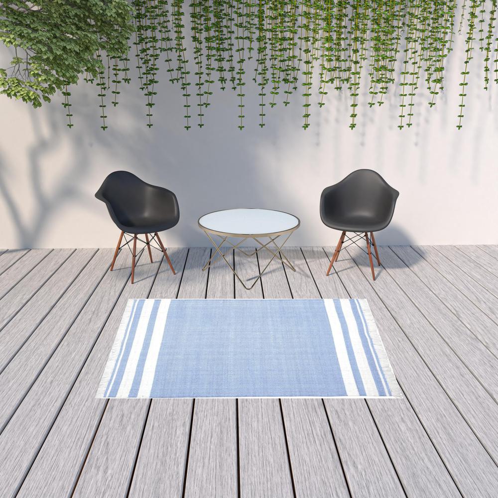 5' x 7' Blue Striped Handmade Stain Resistant Non Skid Indoor Outdoor Area Rug. Picture 3