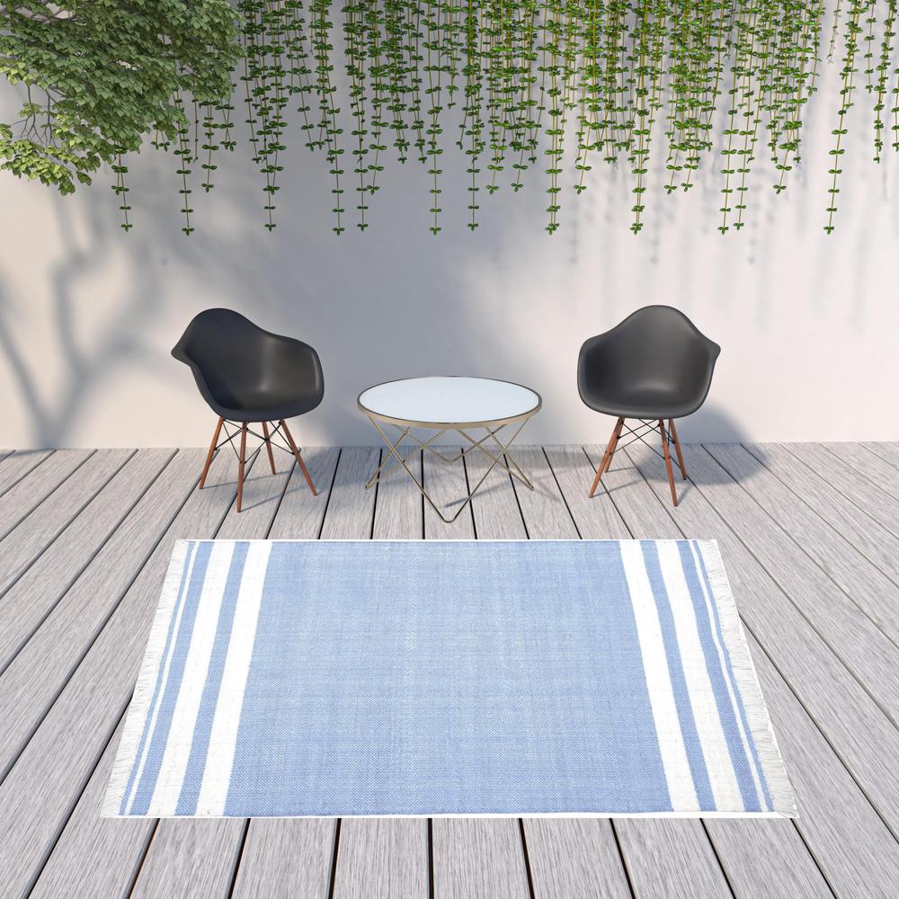 8' x 10' Blue Striped Handmade Stain Resistant Non Skid Indoor Outdoor Area Rug. Picture 3