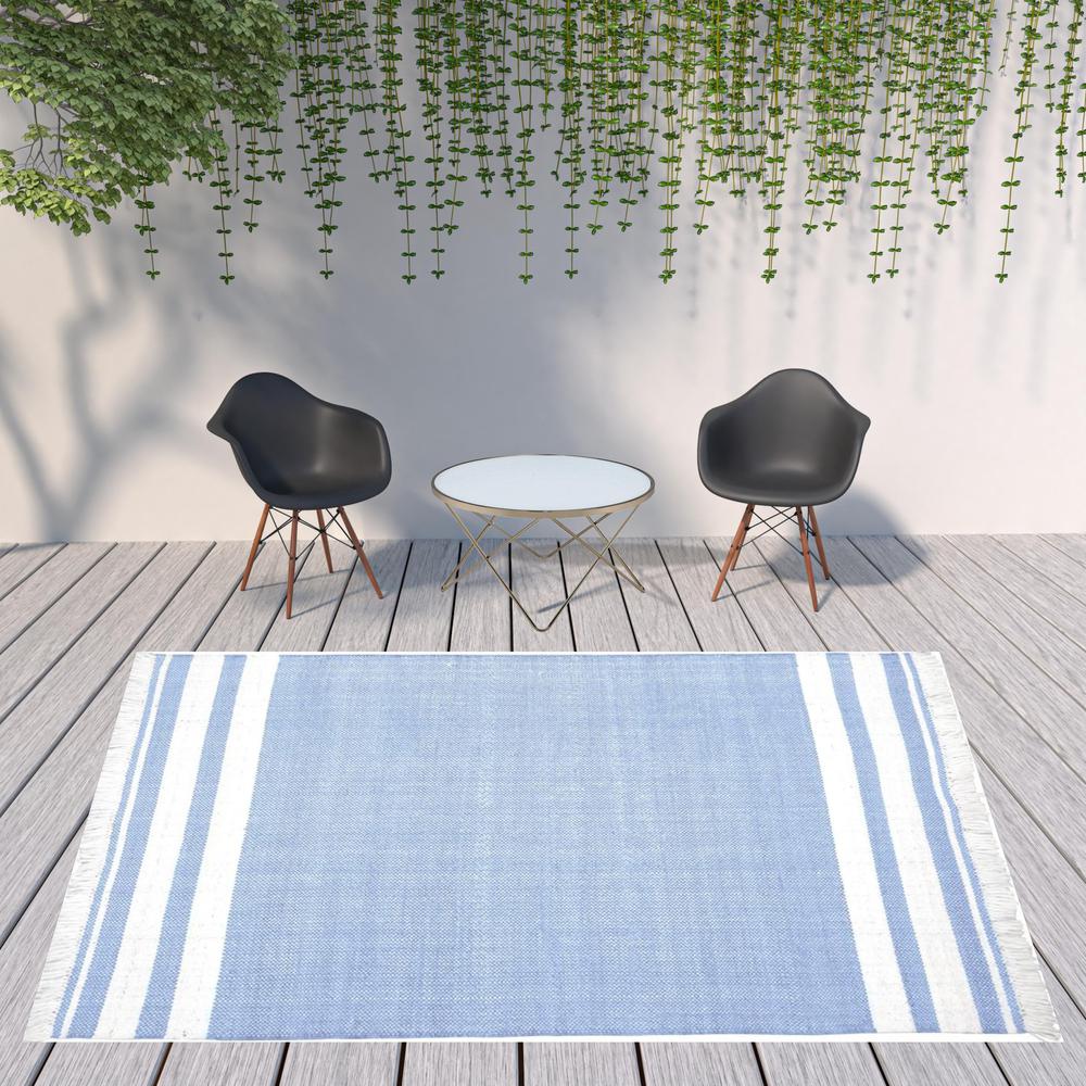 9' x 12' Blue Striped Handmade Stain Resistant Non Skid Indoor Outdoor Area Rug. Picture 3