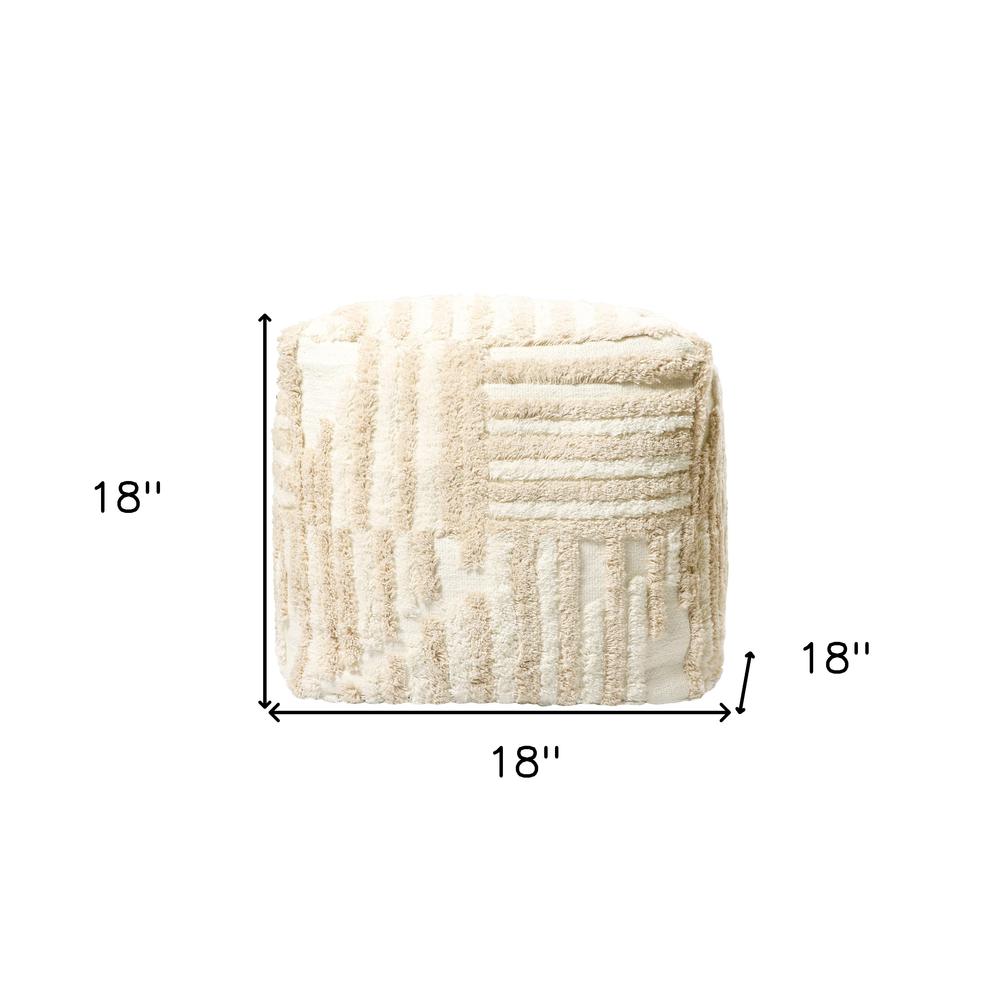 18" Beige Cotton Cube Striped Pouf Ottoman. Picture 9