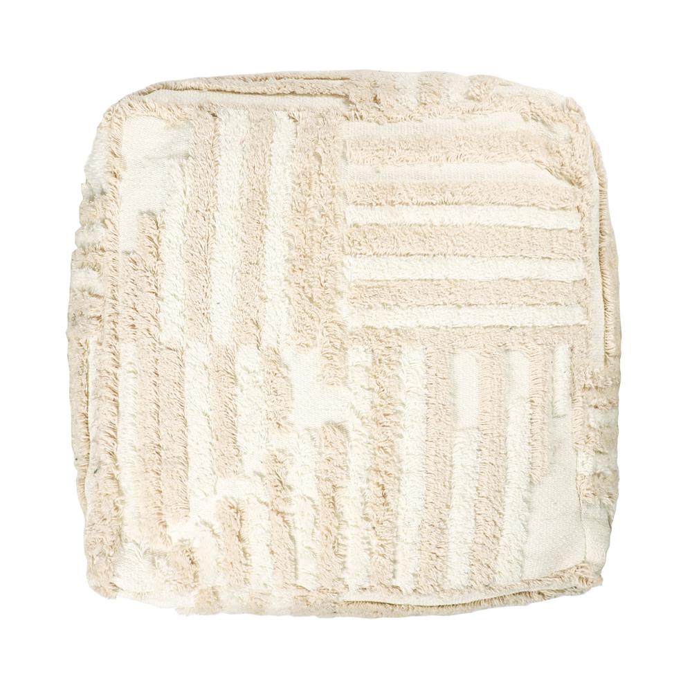 18" Beige Cotton Cube Striped Pouf Ottoman. Picture 3