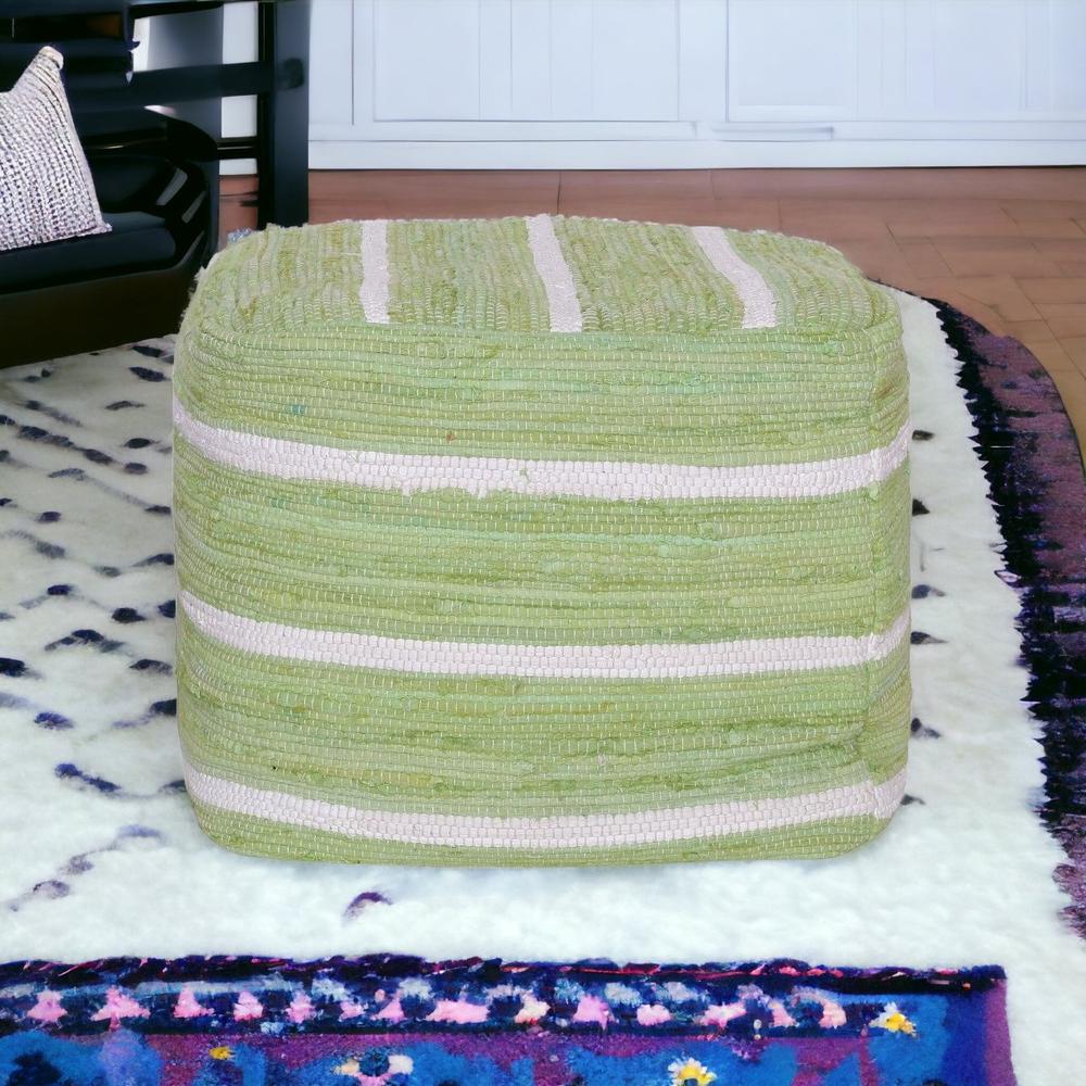 18" Green Cotton Cube Striped Pouf Ottoman. Picture 6