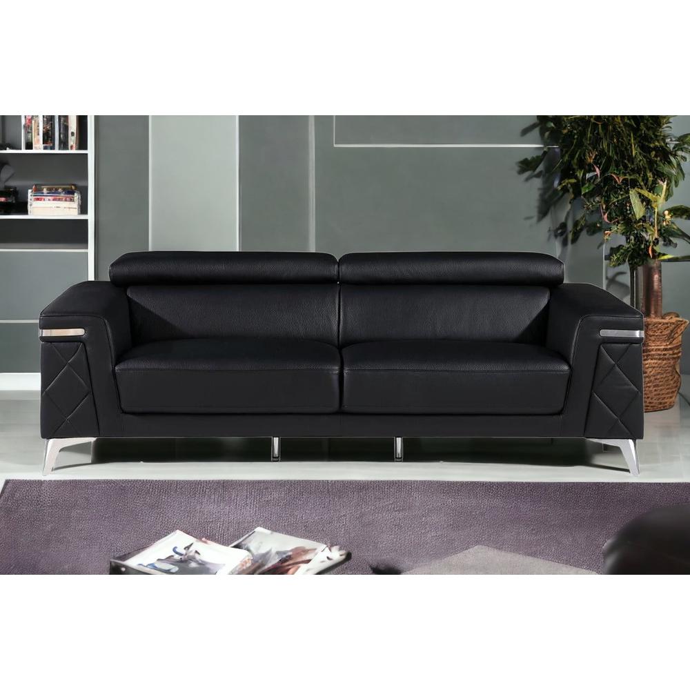 89" Black And Silver Top Grain Leather Sofa. Picture 2