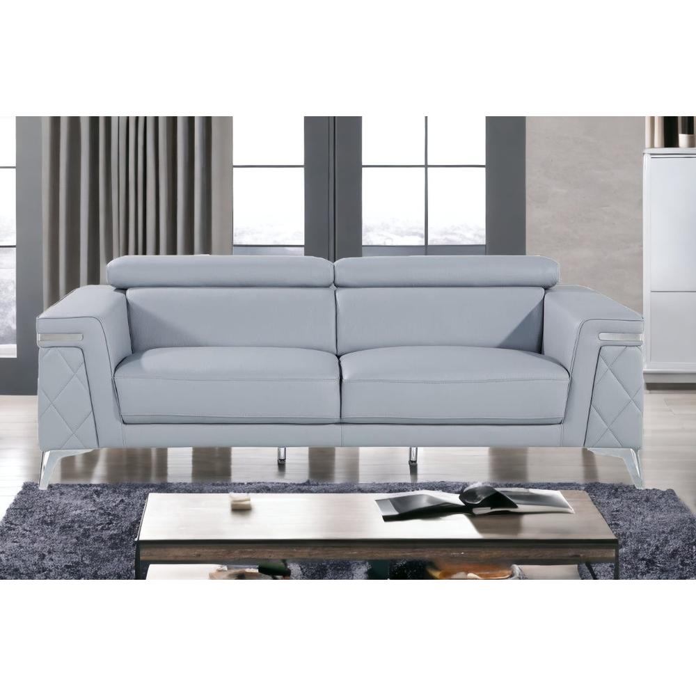 89" Light Blue And Silver Top Grain Leather Sofa. Picture 2