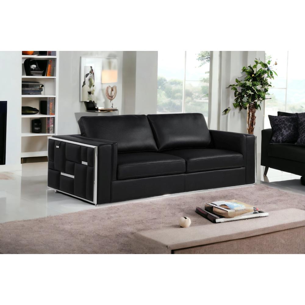 89" Black Top Grain Leather and Silver Sofa. Picture 2