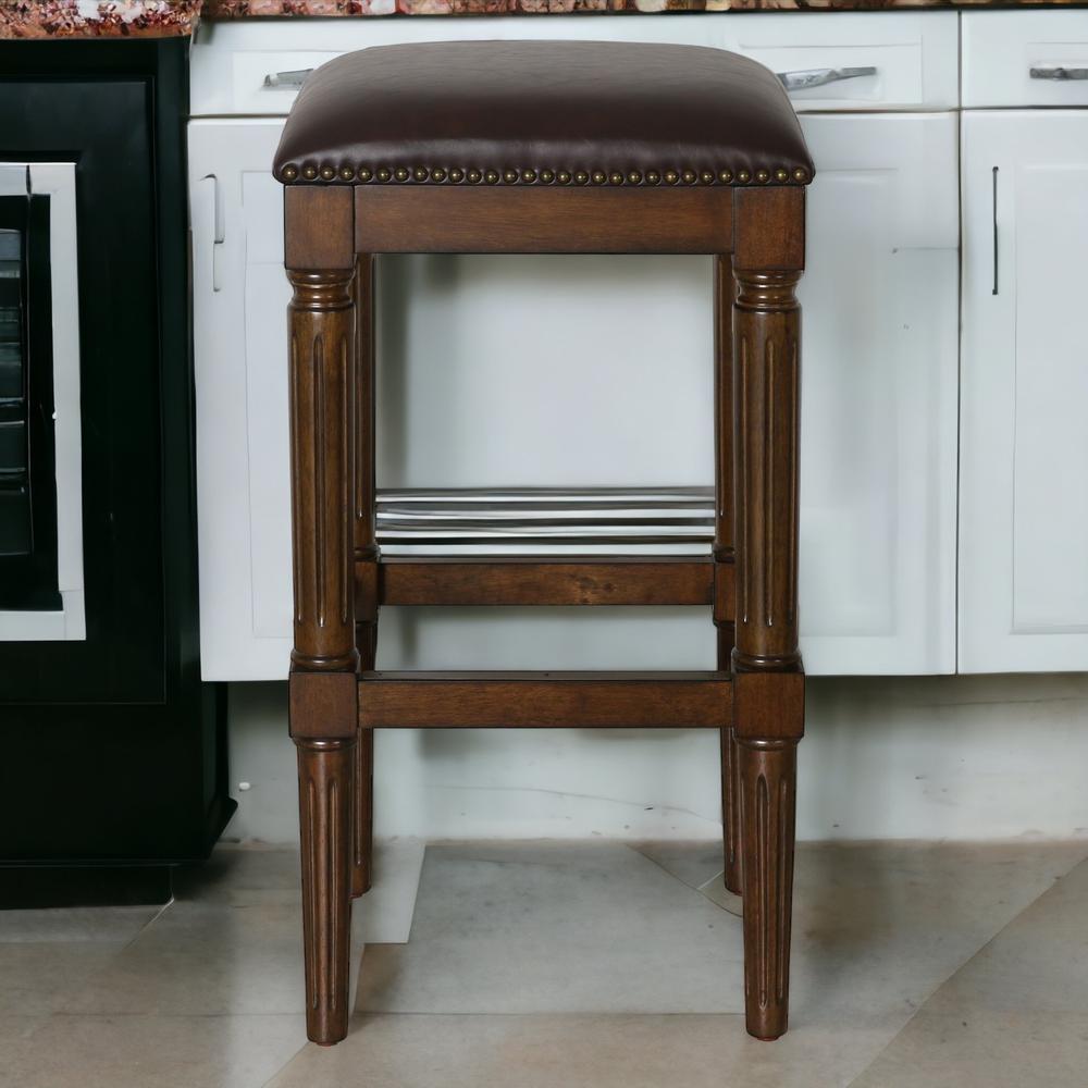 31" Brown And Dark Brown Solid Wood Backless Bar Height Bar Chair With Footrest. Picture 2