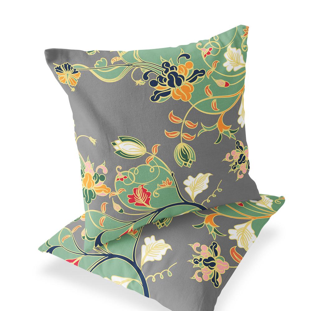 Set of Two 16" X 16" Gray, Orange Blown Seam Floral Indoor Outdoor Throw Pillow. Picture 1