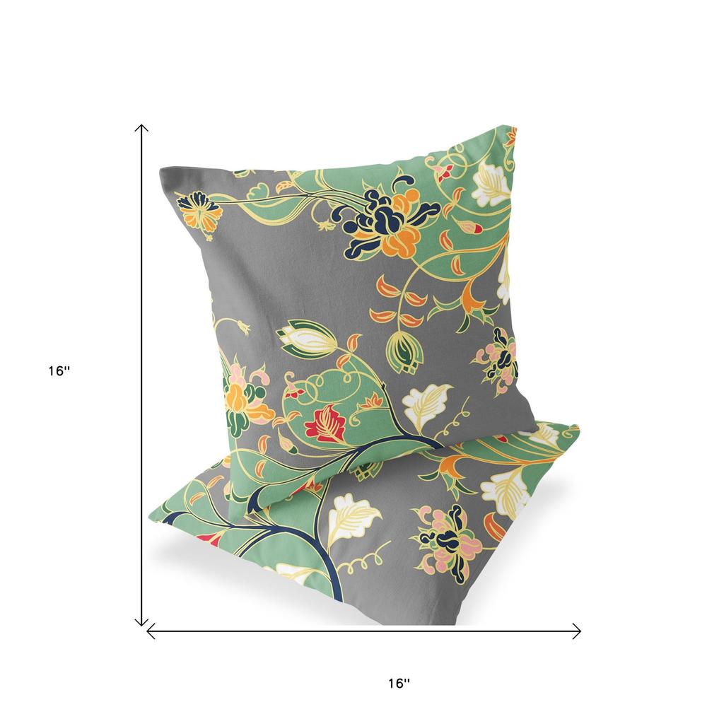 Set of Two 16" X 16" Gray, Orange Blown Seam Floral Indoor Outdoor Throw Pillow. Picture 5