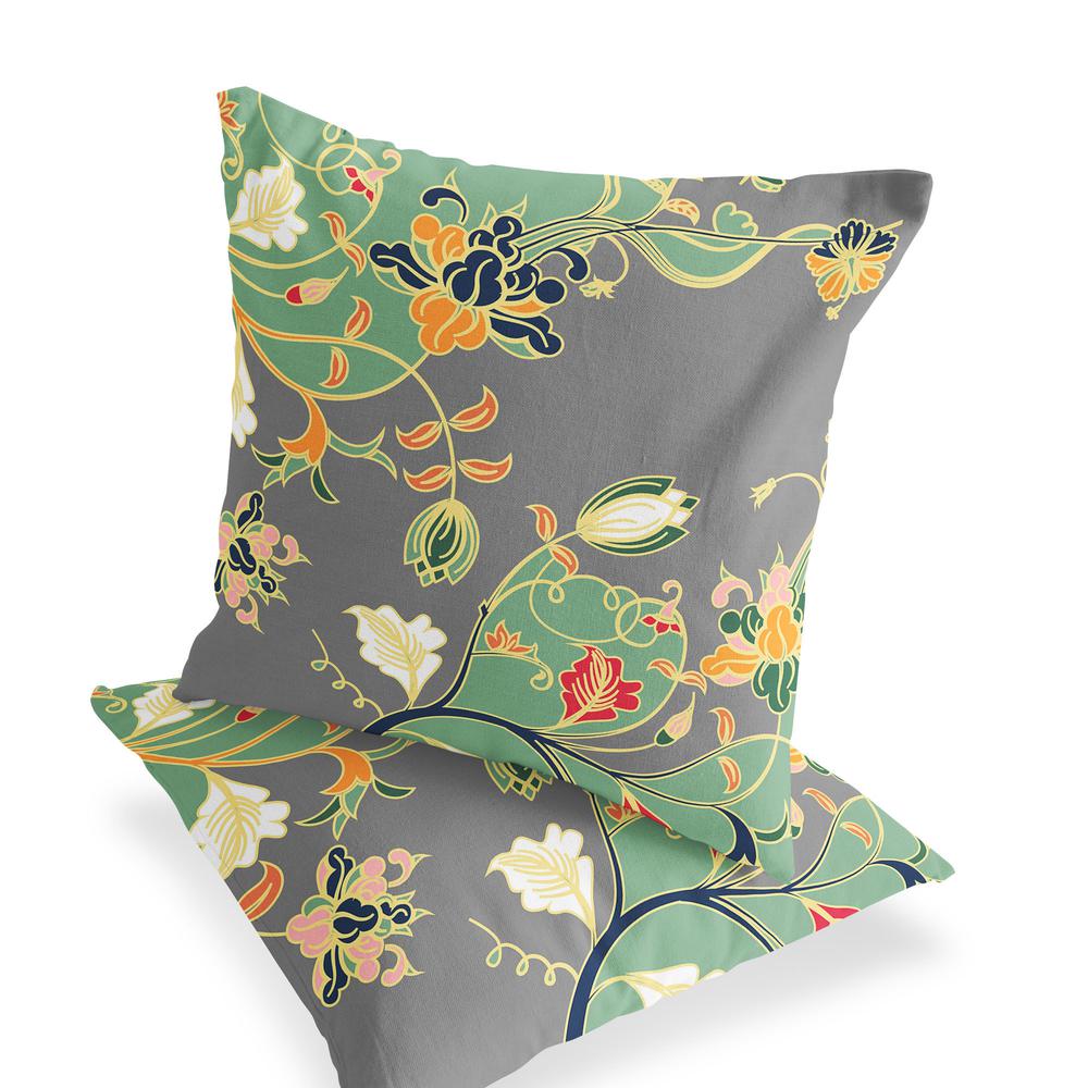 Set of Two 16" X 16" Gray, Orange Blown Seam Floral Indoor Outdoor Throw Pillow. Picture 4