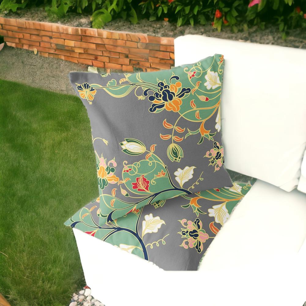 Set of Two 16" X 16" Gray, Orange Blown Seam Floral Indoor Outdoor Throw Pillow. Picture 2