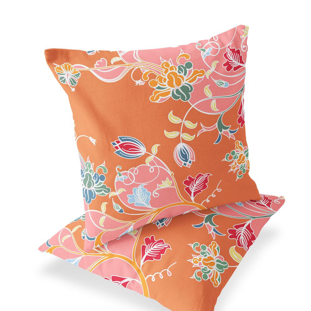 Pink, Orange Blown Seam Floral Indoor Outdoor Throw Pillows. Picture 1