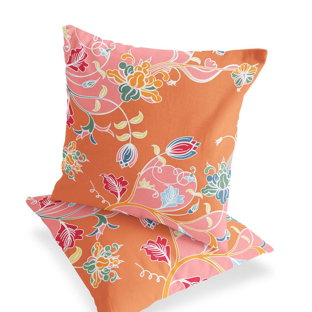 Pink, Orange Blown Seam Floral Indoor Outdoor Throw Pillows. Picture 4