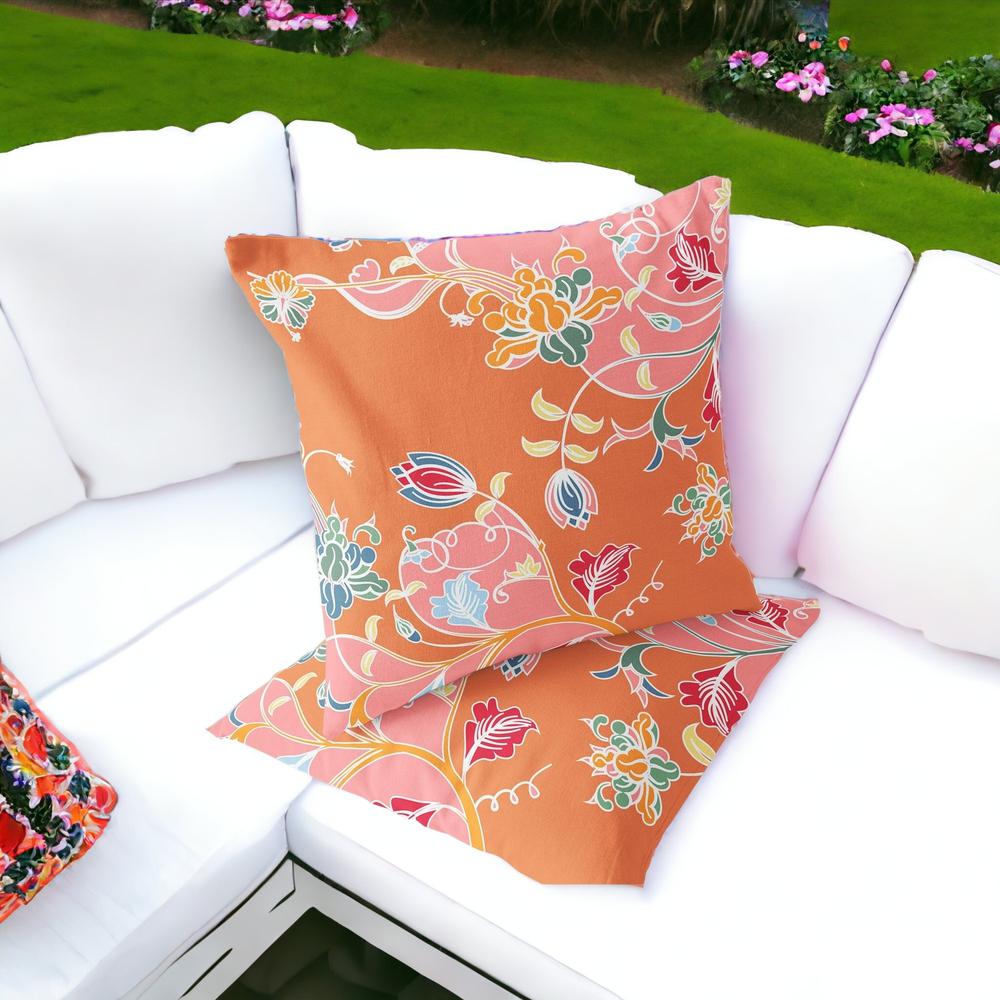 Pink, Orange Blown Seam Floral Indoor Outdoor Throw Pillows. Picture 2