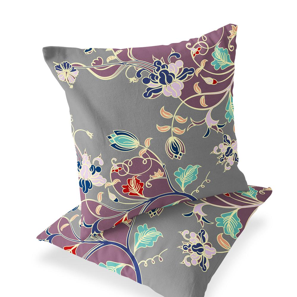 Set of Two 16" X 16" Gray, Purple Blown Seam Floral Indoor Outdoor Throw Pillow. Picture 1