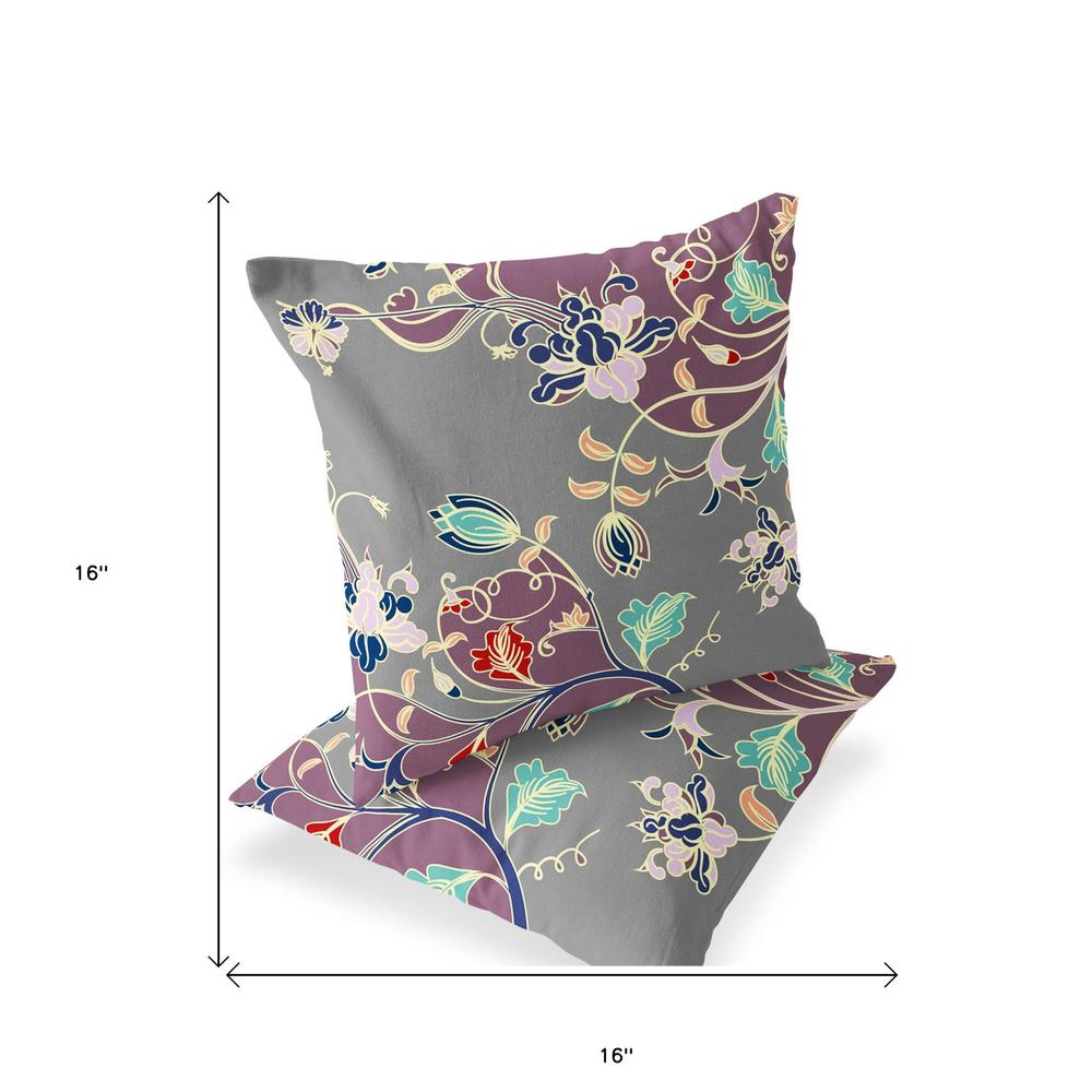 Set of Two 16" X 16" Gray, Purple Blown Seam Floral Indoor Outdoor Throw Pillow. Picture 5