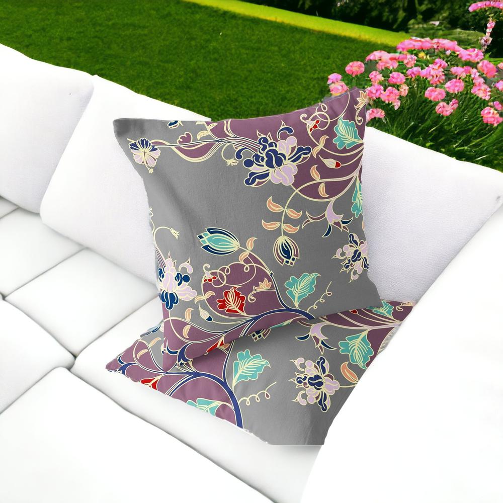 Set of Two 16" X 16" Gray, Purple Blown Seam Floral Indoor Outdoor Throw Pillow. Picture 2