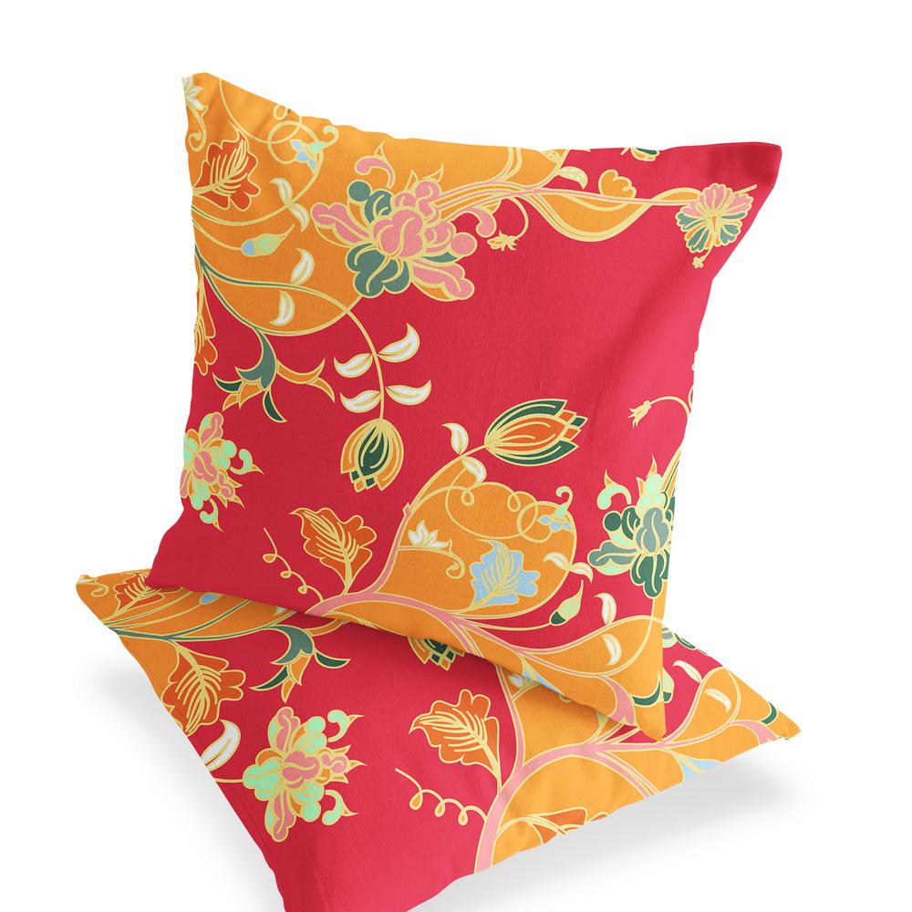 Set of Two 16" X 16" Green, Red Blown Seam Floral Indoor Outdoor Throw Pillow. Picture 4