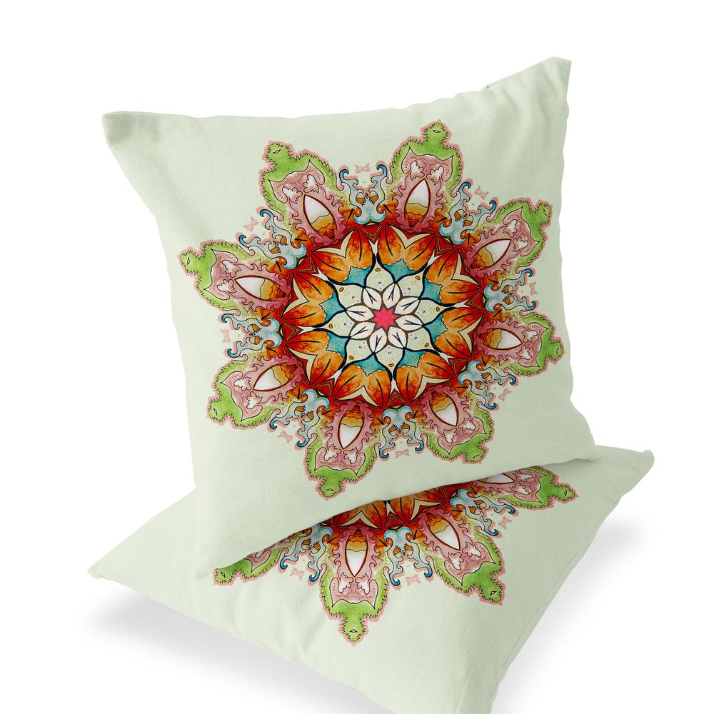 Set of Two 16" X 16" Green, Pink Blown Seam Floral Indoor Outdoor Throw Pillow. Picture 1