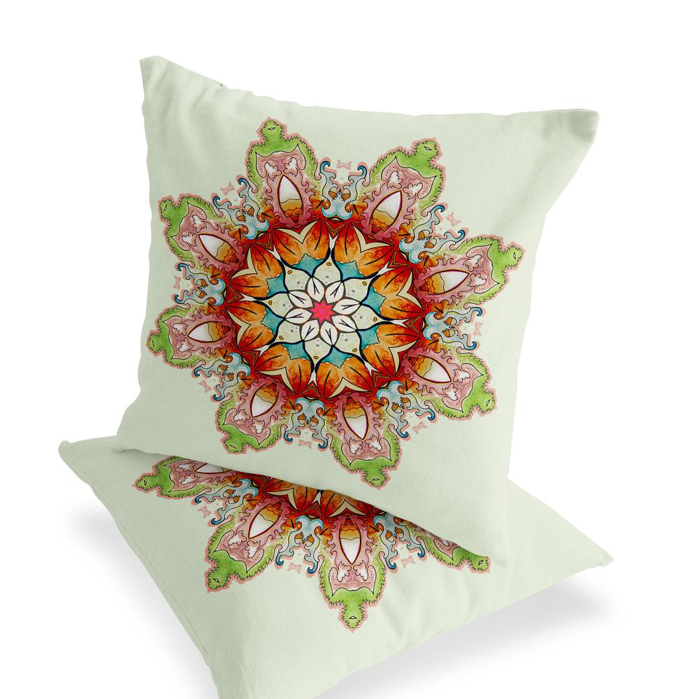 Set of Two 16" X 16" Green, Pink Blown Seam Floral Indoor Outdoor Throw Pillow. Picture 4