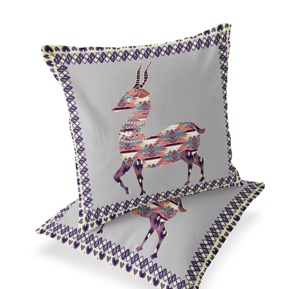Gray, Purple Deer Blown Seam Animal Print Indoor Outdoor Throw Pillow. Picture 1