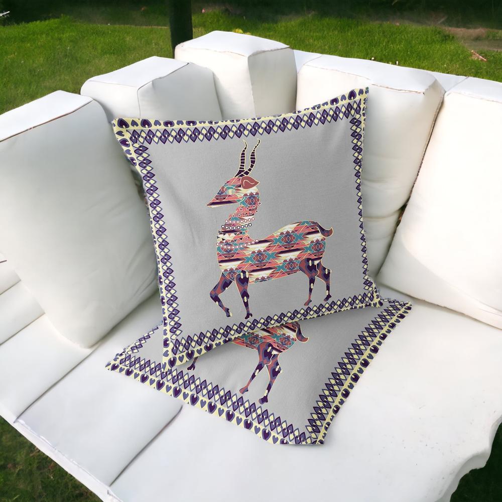 Gray, Purple Deer Blown Seam Animal Print Indoor Outdoor Throw Pillow. Picture 2