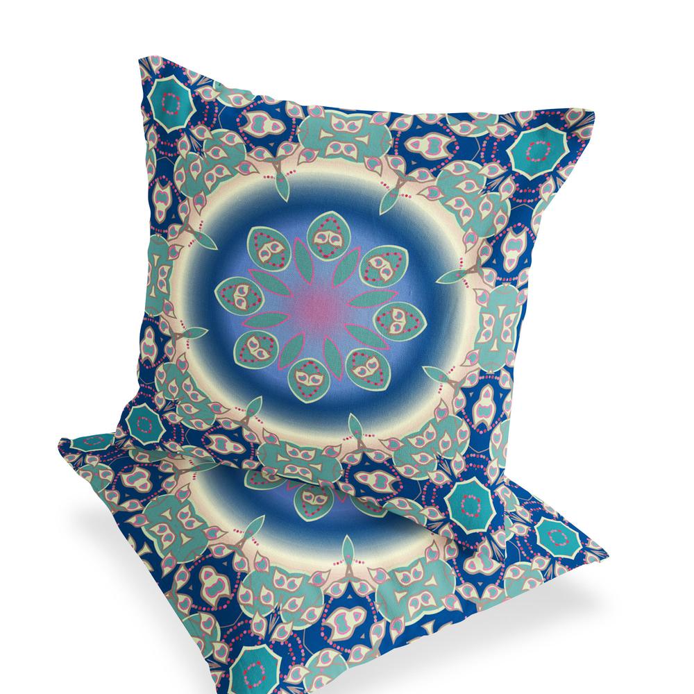 Set of Two 16" X 16" Blue, Green Blown Seam Floral Indoor Outdoor Throw Pillow. Picture 4