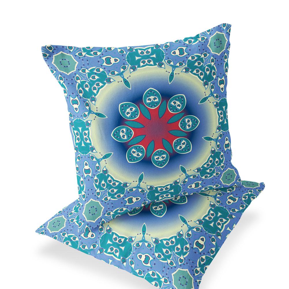 Set of Two 16" X 16" Blue, Green Blown Seam Floral Indoor Outdoor Throw Pillow. Picture 1