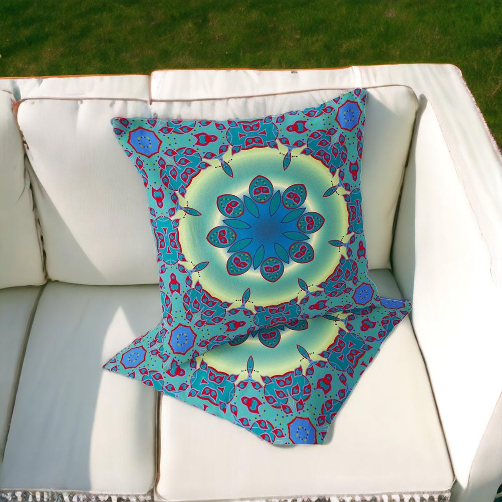Set of Two 16" X 16" Green, Red Blown Seam Floral Indoor Outdoor Throw Pillow. Picture 2