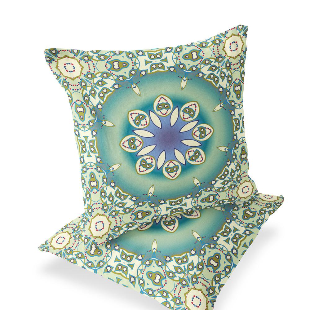 Set of Two 16" X 16" Beige, Green Blown Seam Floral Indoor Outdoor Throw Pillow. Picture 1