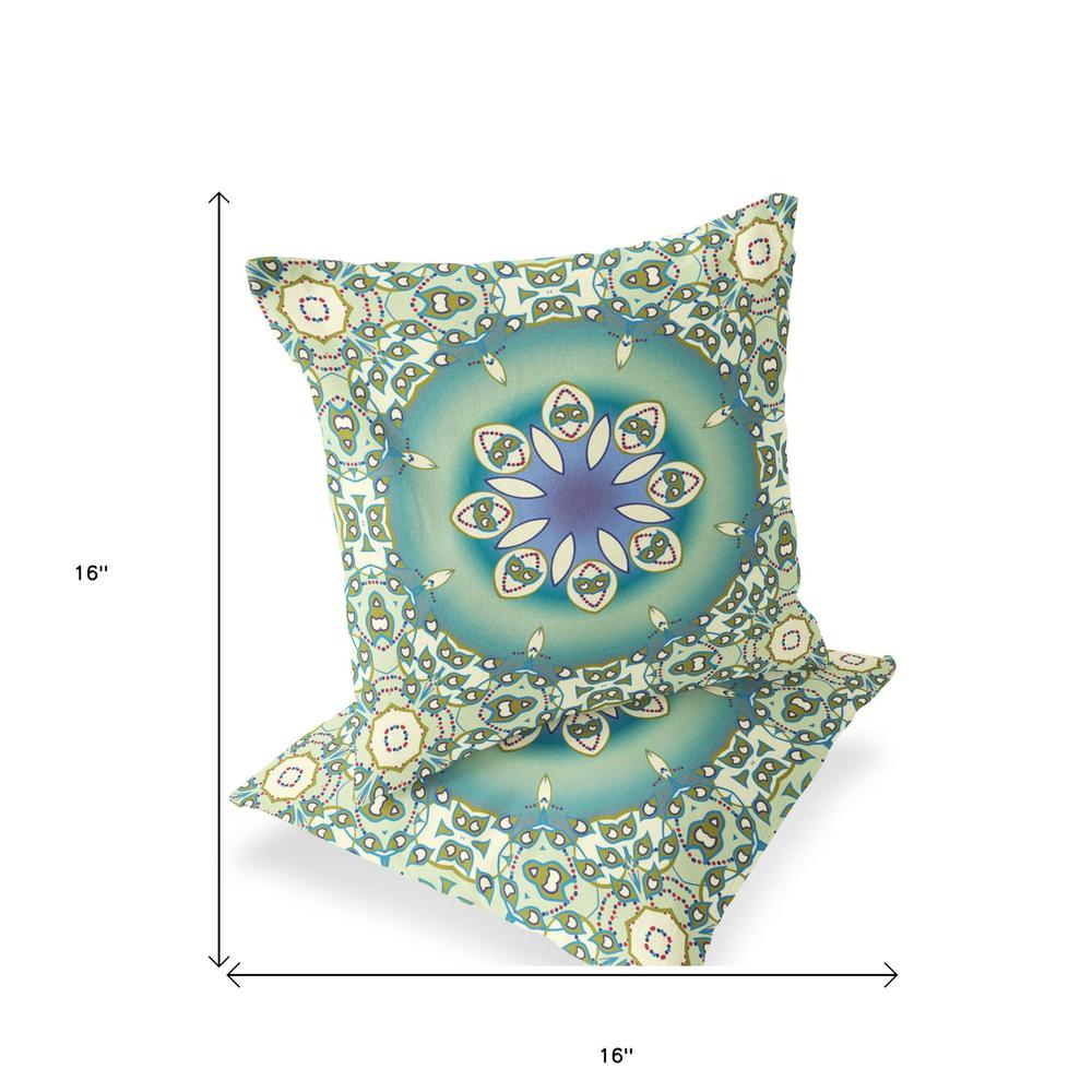 Set of Two 16" X 16" Beige, Green Blown Seam Floral Indoor Outdoor Throw Pillow. Picture 5