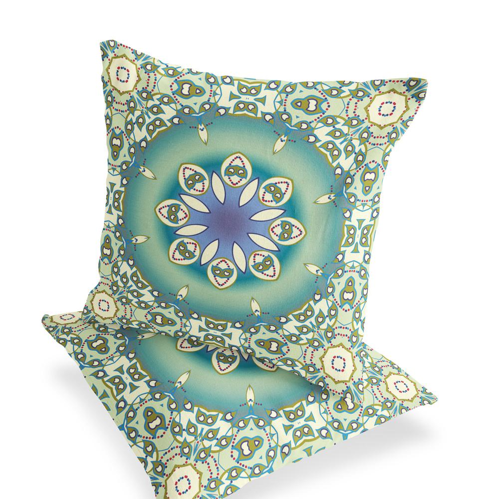 Set of Two 16" X 16" Beige, Green Blown Seam Floral Indoor Outdoor Throw Pillow. Picture 4