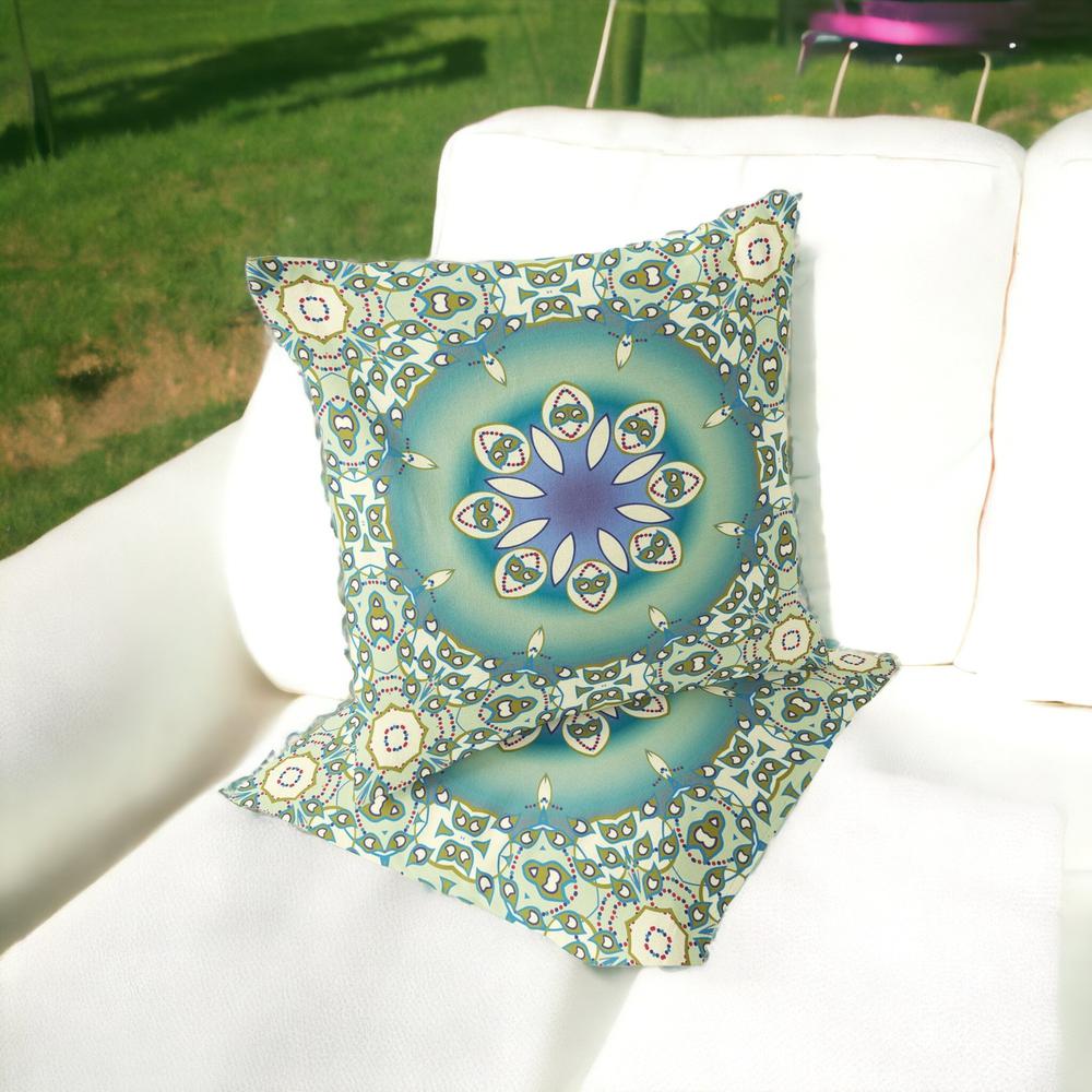Set of Two 16" X 16" Beige, Green Blown Seam Floral Indoor Outdoor Throw Pillow. Picture 2